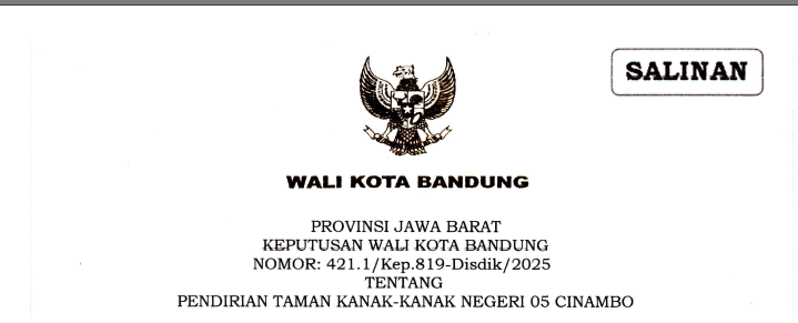 Cover Keputusan Wali Kota Bandung Nomor 421.1/Kep.819-Disdik/2025 tentang Pendirian Taman Kanak-Kanak Negeri 05 Cinambo