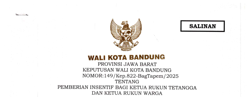 Cover Keputusan Wali Kota Bandung Nomor 149/Kep.822-BagTapem/2025 tentang Pemberian Insentif bagi Ketua Rukun Tetangga dan Ketua Rukun Warga