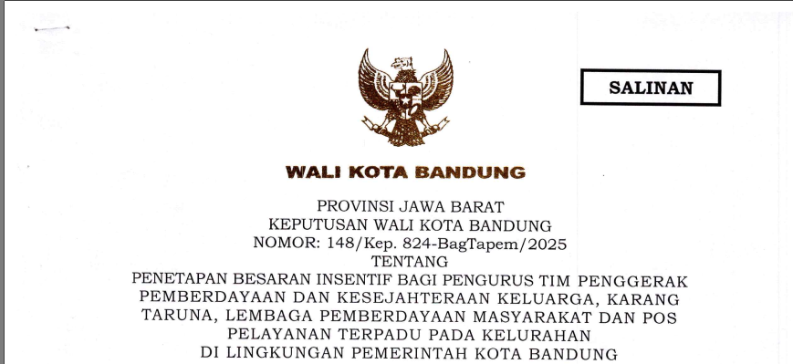 Cover Keputusan Wali Kota Bandung Nomor 148/Kep.824-BagTapem/2025 tentang Penetapan Besaran Insentif Bagi Pengurus Tim Penggerak Pemberdayaan dan Kesejahteraan Keluarga, Karang Taruna, Lembaga Pemberdayaan Masyarakat dan Pos Pelayanan Terpadu pada Kelurahan di Lingkungan Pemerintah Kota Bandung
