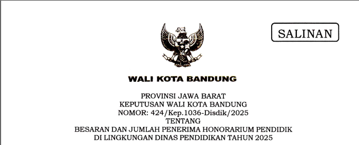 Cover Keputusan Wali Kota Bandung Nomor 424/Kep.1036-Disdik/2025 tentang Besaran dan Jumlah Penerima Honorarium Pendidik di Lingkungan Dinas Pendidikan Tahun 2025