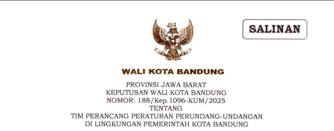 Cover Keputusan Wali Kota Bandung Nomor 199/Kep.1096-KUM/2025 tentang Tim Perancang Peraturan Perundang-Undangan di Lingkungan Pemerintah Kota Bandung