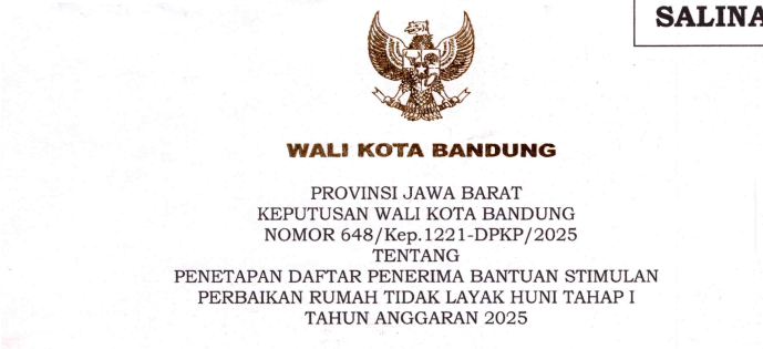 Cover Keputusan Wali Kota Bandung Nomor 648/Kep.1221-DPKP/2025 tentang Penetapan Daftar Penerima Bantuan Stimulan Perbaikan Rumah Tidak Layak Huni Tahap 1 TA 2025