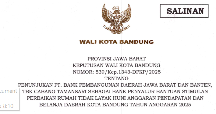 Cover Keputusan Wali Kota Bandung Nomor 539/Kep.1343-DPKP/2025 tentang Penunjukan PT. Bank Pembangunan Daerah Jawa Barat dan Banten, Tbk Cabang Tamansari sebagai Bank Penyalur Bantuan Stimulan Perbaikan Rumah Tidak Layak Huni Anggaran Pendapatan dan Belanja Daerah Kota Bandung TA 2025