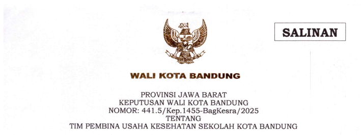 Cover Keputusan Wali Kota Bandung Nomor 441.5/Kep.1455-BagKesra/2025 tentang Tim Pembina Usaha Kesehatan Sekolah Kota Bandung