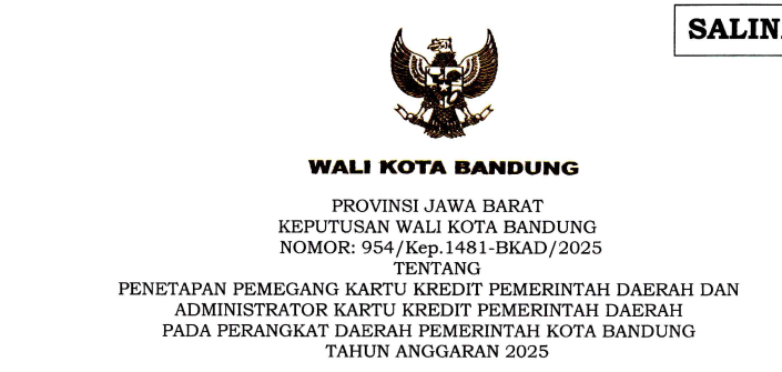 Cover Keputusan Wali Kota Bandung Nomor 954/Kep.1481-BKAD/2025 tentang Penetapan Pemegang Kartu Kredit Pemerintah Daerah dan Administrator Kartu Kredit Pemerintah Daerah Pada Perangkat Daerah Pemerintah Kota Bandung TA 2025