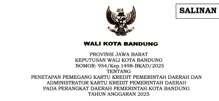 Cover Keputusan Wali Kota Bandung Nomor 954/Kep.1498-BKAD/2025 tentang Penetapan Pemegang Kartu Kredit Pemerintah Daerah dan Administrator Kartu Kredit Pemerintah Daerah pada Perangkat Daerah Pemerintah Kota Bandung TA 2025