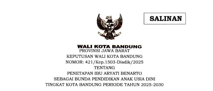 Cover Keputusan Wali Kota Bandung Nomor 421/Kep.1503-Disdik/2025 tentang Penetapan Ibu Aryatri Benarto sebagai Bunda Pendidikan Anak Usia Dini Tingkat Kota Bandung Periode Tahun 2025-2030