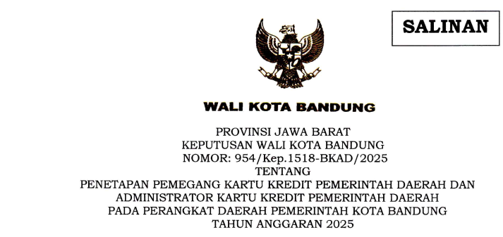 Cover Keputusan Wali Kota Bandung Nomor 954/Kep.1518-BKAD/2025 tentang Penetapan Pemegang Kartu Kredit Pemerintah Daerah dan Administrator Kartu Kredit Pemerintah Daerah pada Perangkat Daerah Pemerintah Kota Bandung TA 2025