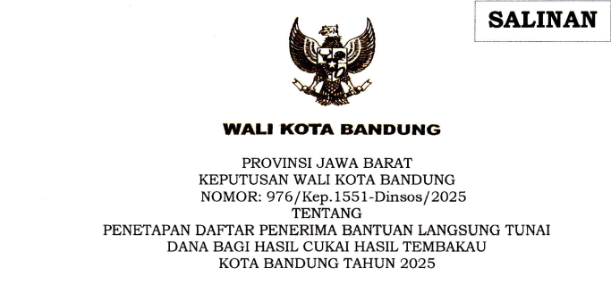 Cover Keputusan Wali Kota Bandung Nomor 976/Kep.1551-Dinsos/2025 tentang Penetapan Daftar Penerima Bantuan Langsung Tunai Dana Bagi Hasil Cukai Hasil Tembakau Kota Bandung Tahun 2025