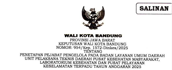 Cover Keputusan Wali Kota Bandung Nomor 954/Kep.1572-Dinkes/2025 tentang Penetapan Pejabat Pengelola Pada Badan Layanan Umum Daerah Unit Pelaksana Teknis Daerah Pusat Kesehatan Masyarakat, Laboratorium Kesehatan dan Pusat Pelayanan Keselamatan Terpadu TA 2025