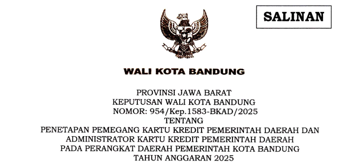 Cover Keputusan Wali Kota Bandung Nomor 954/Kep.1583-BKAD/2025 tentang Penetapan Pemegang Kartu Kredit Pemerintah Daerah dan Administrator Kartu Kredit Pemerintah Daerah Pada Perangkat Daerah Pemerintah Kota Bandung TA 2025