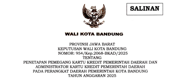 Cover Keputusan Wali Kota Bandung Nomor 954/Kep.2068-BKAD/2025 tentang Penetapan Pemegang Kartu Kredit Pemerintah Daerah dan Administrator Kartu Kredit Pemerintah Daerah Pada Perangkat Daerah Pemerintah Kota Bandung TA 2025