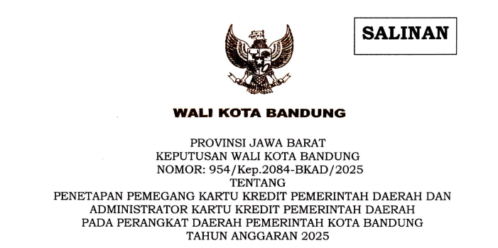 Cover Keputusan Wali Kota Bandung Nomor 954/Kep.2084-BKAD/2025 tentang Penetapan Penerima dan Perhitungan Besaran Insentif Pemungutan Pajak Daerah di Lingkungan Badan Pendapatan Daerah