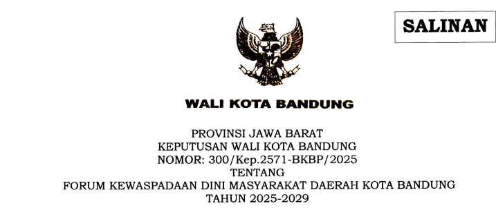 Cover Keputusan Wali Kota Bandung Nomor 300/Kep.2571-BKBP/2025 tentang Forum Kewaspadaan Dini Masyarakat Daerah Kota Bandung Tahun 2025-2029