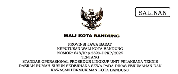 Cover Keputusan Wali Kota Bandung Nomor 648/Kep.2599-DPKP/2025 tentang Standar Operasional Prosedur Lingkup Unit Pelaksana Teknis Daerah Rumah Susun Sederhana Sewa pada Dinas Perumahan dan Kawasan Permukiman Kota Bandung