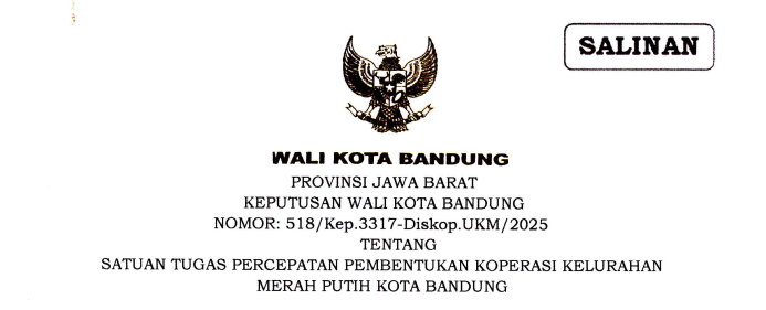 Cover Keputusan Wali Kota Bandung Nomor 518/Kep.3317-Diskop.UKM/2025 tentang Satuan Tugas Percepatan Pembentukan Koperasi Kelurahan Merah Putih Kota Bandung