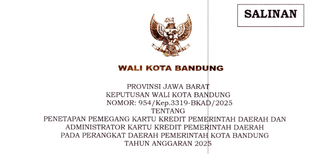 Cover Keputusan Wali Kota Bandung Nomor 954/Kep.3319-BKAD/2025 tentang Penetapan Pemegang Kartu Kredit Pemerintah Daerah dan Administrator Kartu Kredit Pemerintah Daerah pada Perangkat Daerah Pemerintah Kota Bandung Tahun Anggaran 2025