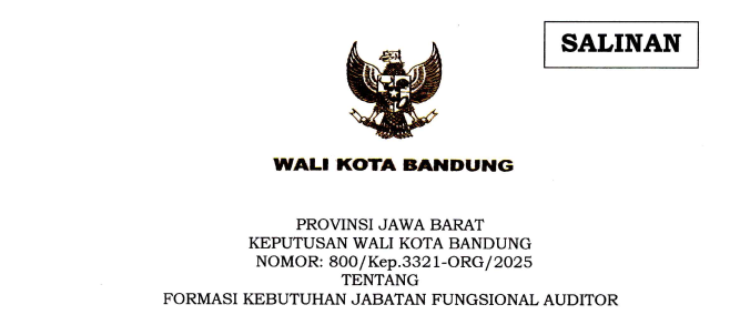 Cover Keputusan Wali Kota Bandung Nomor 800/Kep.3321-ORG/2025 tentang Formasi Kebutuhan Jabatan Fungsional Auditor