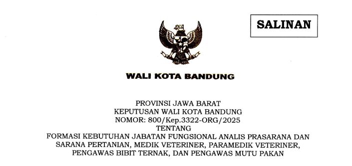 Cover Keputusan Wali Kota Bandung Nomor 800/Kep.3322-ORG/2025 tentang Formasi Kebutuhan, Jabatan Fungsional, Analis Prasarana dan Sarana Pertanian, Medik Veteriner, Paramedik Veteriner, Pengawas Bibit Ternak dan Pengawas Mutu Pakan