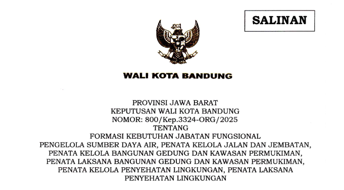 Cover Keputusan Wali Kota Bandung Nomor 800/Kep.3324-ORG/2025 tentang Formasi Kebutuhan Jabatan Fungsional Pengelola Sumber Daya Air, Penata Kelola Jalan dan Jembatan, Penata Kelola Bangunan Gedung dan Kawasan Permukiman, Penata Laksana Bangunan Gedung dan Kawasan Permukiman, Penata Kelola Penyehatan Lingkungan, Penata Laksana Penyehatan Lingkungan