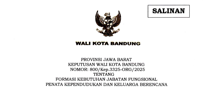 Cover Keputusan Wali Kota Bandung Nomor 800/Kep.3325-ORG/2025 tentang Formasi Kebutuhan Jabatan Fungsional Penata Kependudukan dan Keluarga Berencana