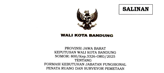 Cover Keputusan Wali Kota Bandung Nomor 800/Kep.3326-ORG/2025 tentang Formasi Kebutuhan Jabatan Fungsional Penata Ruang dan Surveyor Pemetaan