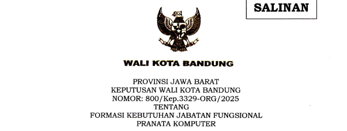 Cover Keputusan Wali Kota Bandung Nomor 800/Kep.3329-ORG/2025 tentang Formasi Kebutuhan Jabatan Fungsional Pranata Komputer