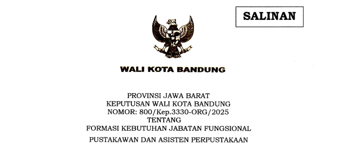 Cover Keputusan Wali Kota Bandung Nomor 800/Kep.3330-ORG/2025 tentang Formasi Kebutuhan Jabatan Fungsional Pustakawan dan Asisten Perpustakaan