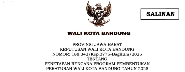 Cover Keputusan Wali Kota Bandung Nomor 188.342/Kep.3775-BagKum/2025 tentang Penetapan Rencana Progran Pembentukan Peraturan Wali Kota Bandung Tahun 2025