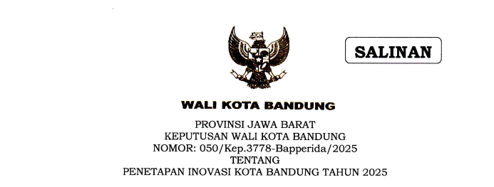 Cover Keputusan Wali Kota Bandung Nomor 050/Kep.3778-Bapperida/2025 tentang Penetapan Inovasi Kota Bandung Tahun 2025