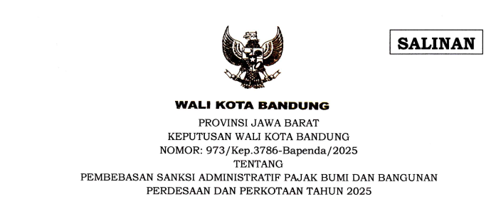 Cover Keputusan Wali Kota Bandung Nomor 973/Kep.3786-Bapenda/2025 tentang Pembebasan Sanksi Administratif Pajak Bumi dan Bangunan Perdesaan dan Perkotaan Tahun 2025