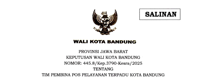 Cover Keputusan Wali Kota Bandung Nomor 445.8/Kep.3790-Kesra/2025 tentang Tim Pembina Pos Pelayanan Terpadu Kota Bandung