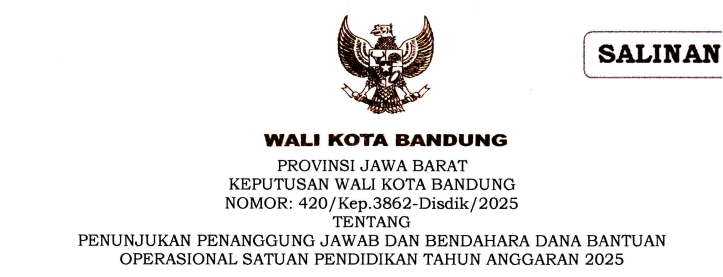 Cover Keputusan Wali Kota Bandung Nomor 420/Kep.3862-Disdik/2025 tentang Penunjukan Penanggungjawab dan Bendahara Dana Bantuan Operasional Satuan Pendidikan Tahun Anggaran 2025