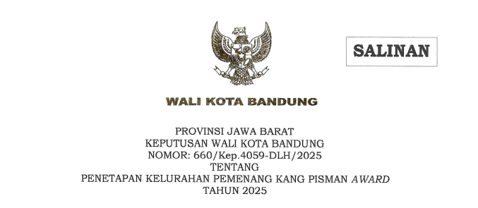 Cover Keputusan Wali Kota Bandung Nomor 660/Kep.4059-DLH/2025 tentang Penetapan Kelurahan Pemenang Kang Pisman Award Tahun 2025