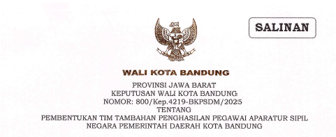 Cover Keputusan Wali Kota Bandung Nomor 800/Kep.4219-BKPSDM/2025 tentang Pembentukan Tim Tambahan Penghasilan Pegawai Aparatur Sipil Negara Pemerintah Daerah Kota Bandung