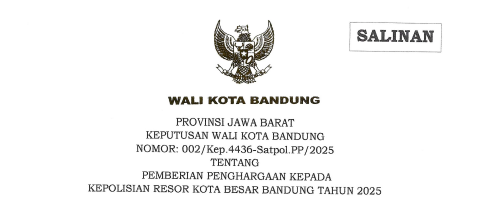 Cover Keputusan Wali Kota Bandung Nomor 002/Kep.4436-SatpolPP/2025 tentang Pemberian Penghargaan Kepada Kepolisian Resor Kota Besar Bandung Tahun 2025