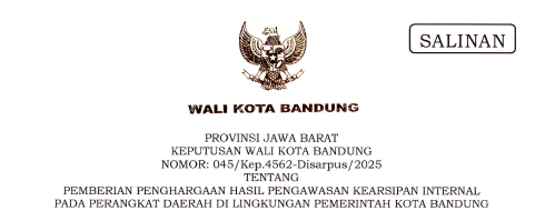 Cover Keputusan Wali Kota Bandung Nomor 045/Kep.4562-Disarpus/2025 tentang Pemberian Penghargaan Hasil Pengawasan Kearsipan Internal pada Perangkat Daerah di Lingkungan Pemerintah Kota Bandung