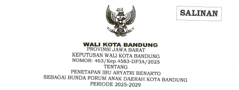 Cover Keputusan Wali Kota Bandung Nomor 463/Kep.4583-DP3A/2025 tentang Penetapan Ibu Aryatri Benarto Sebagai Bunda Forum Anak Daerah Kota Bandung