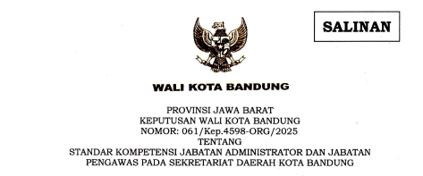 Cover Keputusan Wali Kota Bandung Nomor 061/Kep.4598-ORG/2025 tentang Standar Kompetensi Jabatan Administrator dan Jabatan Pengawas Pada Sekretariat Daerah Kota Bandung