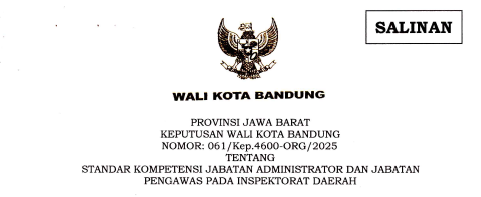 Cover Keputusan Wali Kota Bandung Nomor 061/Kep.4600-ORG/2025 tentang Standar Kompetensi Jabatan Administrator dan Jabatan Pengawas Pada Inspektorat Daerah