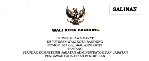 Cover Keputusan Wali Kota Bandung Nomor 061/Kep.4601-ORG/2025 tentang Standar Kompetensi Jabatan Administrator dan Jabatan Pengawas Pada Dinas Pendidikan