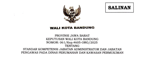 Cover Keputusan Wali Kota Bandung Nomor 061/Kep.4605-ORG/2025 tentang Standar Kompetensi Jabatan Administrator dan Jabatan Pengawas Pada Dinas Perumahan dan Kawasan Permukiman