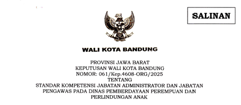 Cover Keputusan Wali Kota Bandung Nomor 061/Kep.4608-ORG/2025 tentang Standar Kompetensi Jabatan Administrator dan Jabatan Pengawas Pada Dinas Pemberdayaan Perempuan dan Perlindungan Anak