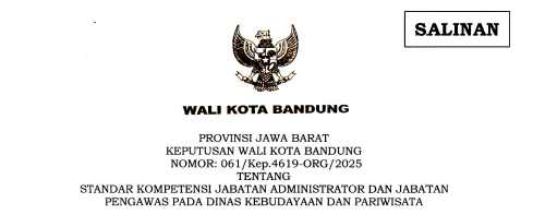 Cover Keputusan Wali Kota Bandung Nomor 061/Kep.4619-ORG/2025 tentang Standar Kompetensi Jabatan Administrator dan Jabatan Pengawas Pada Dinas Kebudayaan dan Pariwisata