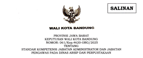 Cover Keputusan Wali Kota Bandung Nomor 061/Kep.4620-ORG/2025 tentang Standar Kompetensi Jabatan Administrator dan Jabatan Pengawas Pada Dinas Arsip dan Perpustakaan