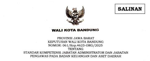 Cover Keputusan Wali Kota Bandung Nomor 061/Kep.4623-ORG/2025 tentang Standar Kompetensi Jabatan Administrator dan Jabatan Pengawas Pada Badan Keuangan dan Aset Daerah