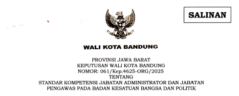 Cover Keputusan Wali Kota Bandung Nomor 061/Kep.4625-ORG/2025 tentang Standar Kompetensi Jabatan Administrator dan Jabatan Pengawas Pada Badan Kesatuan Bangsa dan Politik