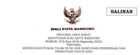 Cover Keputusan Wali Kota Bandung Nomor 973/Kep.4646-Bapenda/2025 tentang Keringanan Pokok Pajak Bumi dan Bangunan Perdesaan dan Perkotaan Tahun 2025