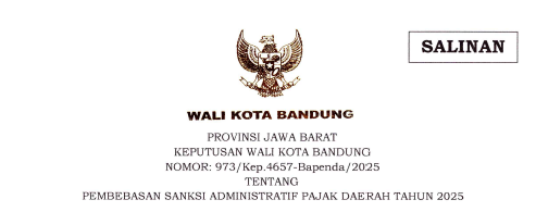 Cover Keputusan Wali Kota Bandung Nomor 973/Kep.4657-Bapenda/2025 tentang Pembebasan Sanksi Administratif Pajak Daerah Tahun 2025