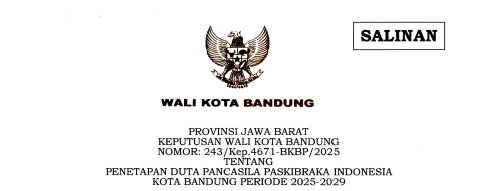 Cover Keputusan Wali Kota Bandung Nomor 243/Kep.4671-BKBP/2025 tentang Penetapan Duta Pancasila Paskibraka Indonesia Kota Bandung Periode 2025-2029